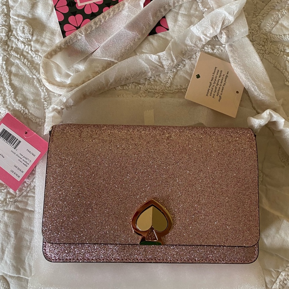 NWT Kate Spade Rose Pink Glitter Shimmer Nicola Chain Wallet Clutch